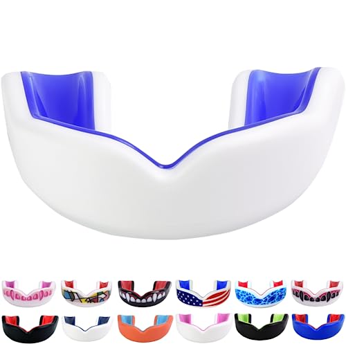 Oral Mart Youth Sports Mouth Guard for Kids (USA Flag, Fangs, 20+ Colors to Choose from) Mouthguard for Football, MMA, Karate, Boxing, Rugby, BJJ, Flag Football – /w Case (Youth, Strapless) - color: Blue