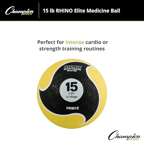 Champion Sports Rhino Elite Medicine Ball – Textured Surface, Superior Grip, Hollow Synthetic Rubber for Consistent Bounce & Durability, Multiple Weights & Colors - Optional Rebounder Sold Separately - style: 15 Pounds - Yellow