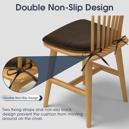 TushGuard Chair Cushions, 4 Pack Memory Foam Chair Pads, Thin Seat Cushion, Kitchen Chair Cushions Set of 4, Anti-Slip Backing & Fixed Straps, 1.4 in Thick, Brown - color: Brown