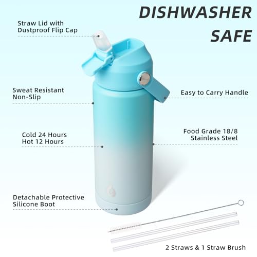 BJPKPK Insulated Water Bottle with Straw Lid, 18oz Thermo Water Bottles with Soft Nozzle, Flex Handle & Non-slip Boot, BPA Free Leak Proof Stainless Steel Metal Thermo, Tumblers, Cups,Sea Salt - color: Sea Salt, size: 18 Ounces