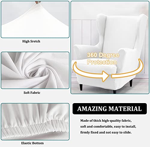NILUOH Wingback Chair Cover 2-Piece Soft Stretch Wing Chair Slipcover Solid Color Armchair Sofa Couch Cover Furniture Protector with Elastic Bottom for Living Room Bedroom (White) - color: White
