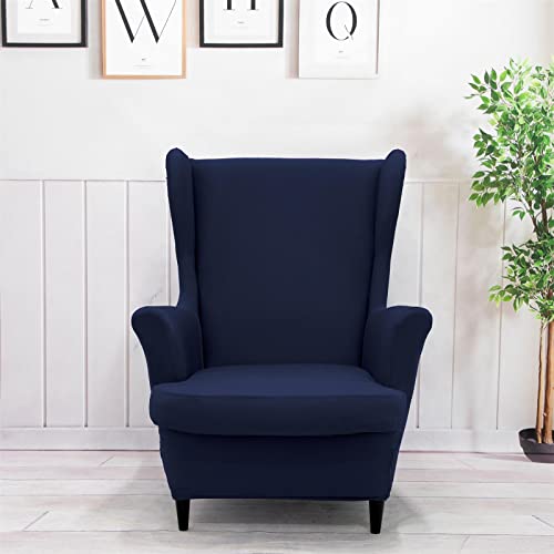 NILUOH Wingback Chair Cover 2-Piece Soft Stretch Wing Chair Slipcover Solid Color Armchair Sofa Couch Cover Furniture Protector with Elastic Bottom for Living Room Bedroom (Navy) - color: Navy