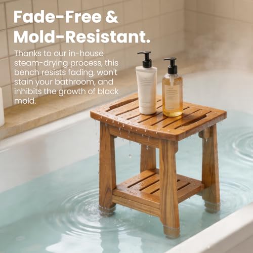 14" Compact Teak Shower Stool with Shelf & Handle - Waterproof, Non-Slip Bath Bench for Small Bathrooms/Tub/Outdoor Use, 300 lbs Capacity (Patented) - size: 14"W x 10" Dx 17"H
