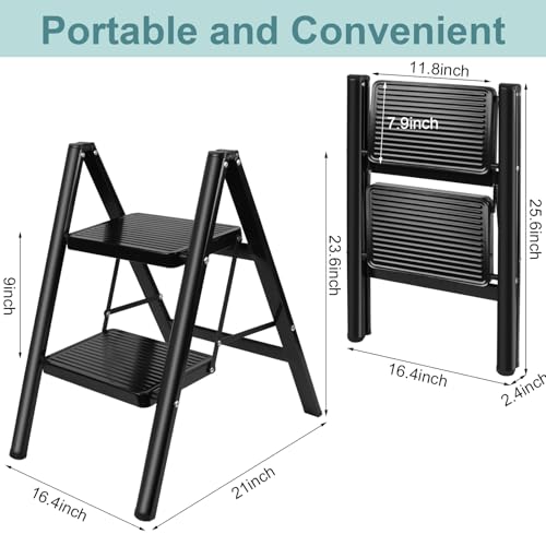 2 Step Ladder, Uoisihur Folding Step Stool with Wide Pedals, 330lbs | Foldable black step stool for kitchen, closet, RV, pantry, and home reach, anti-slip wide pedals, 17 in W x 25 in H