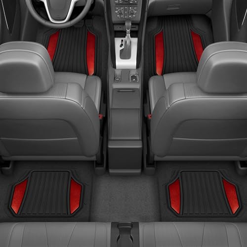 Motor Trend ChromeTech Car Floor Mats Full Set - Durable Rubber Floor Mats for Cars with Two Tone Accent, All Weather Interior Protection for Front and Rear with Non-Slip Backing, Red Chrome - color: Black & Red