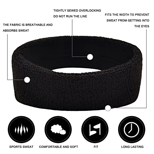 BLMHTWO 3 Pieces of Sweat Band Set, Headbands for Men Kids Sweatbands Including 1 Headband and 2 Wristbands Black Cotton Super Soft and Comfy Sweatband for Tennis Working Out Boxing Gym - color: black