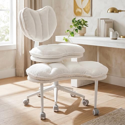 Cross Legged Office Chair with Wheels, 360 Swivel Height-Adjustable Double-Layer Padding Criss Cross Meditation Chair with Lumbar Support, Artificial Rabbit Hair Fabric, Ivory - color: Ivory, size: Heart Back with Rectangular Cushion
