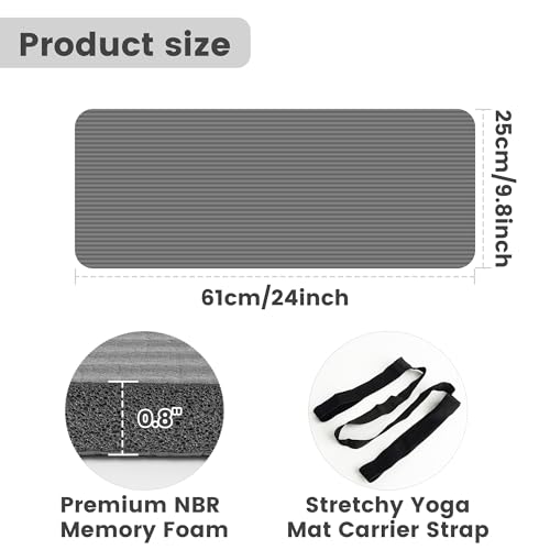 Yoga Knee Pad Cushion, 24 x 9.8 x 0.8 in Thick Mini Yoga Mat, Odor-Free NBR Workout Mat with Storage Strap, Small Exercise Mat for Yoga, Pilates, Kneeling, Planks & Home Gym - color: Gray