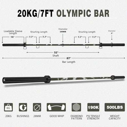 7ft Olympic Barbell for Strength Training, Olympic Weightlifting | 500 700 1000LBS Capacity, 2 Inch 45lb Weight Bar for Squat, Home Gym Fitness Equipment, Bench Press, Deadlift, Powerlifting - color: Camo-500LBS