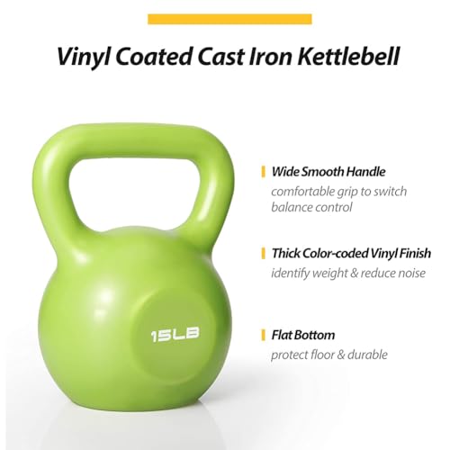 Kettlebell Set – 15 lb Vinyl Coated Weight for Women, Strength Training & Home Gym Workout Equipment with Comfortable Wide Grip Handle