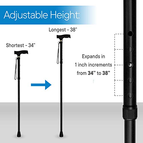 RMS Folding Cane - Foldable Walking Cane with Adjustable Height - Collapsible and Lightweight - Soft Ergonomic Handle for Comfortable Grip - Portable Walking Stick for Mobility Aid - color: Black