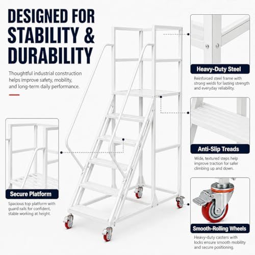 5 Step Rolling Ladder with Handrails, 1100 lbs Capacity Heavy Duty Mobile Warehouse Ladder with Wheels, Industrial Steel Non-Slip Rolling Stairs with Large Platform, for Garage Stockroom Library - color: White, size: 5 Step