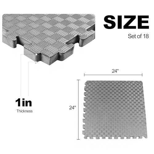 Elevon Puzzle Exercise Gym Flooring Mat, EVA Interlocking Foam Tiles Workout Mat for Home Gym, Fitness Equipment, MMA, Gymnastics, Shock-Absorbing Exercise Mat, Multi-Color - color: Grey, style: 1"Th, 18 Tiles (72 Sq Ft)