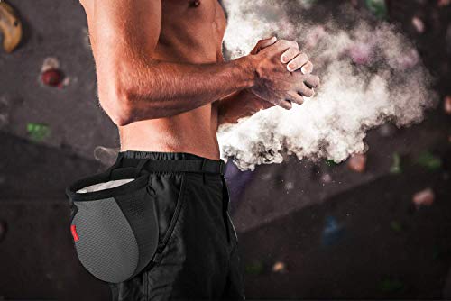 Rhino Valley Climbing Chalk Bag, No Leak Drawstring Chalk Bag with Adjustable Belt, Carabiner Clip and Zippered Pockets Chalk Bag for Rock Climbing, Cross Fit, Weight Lifting & More - color: Black/Gray