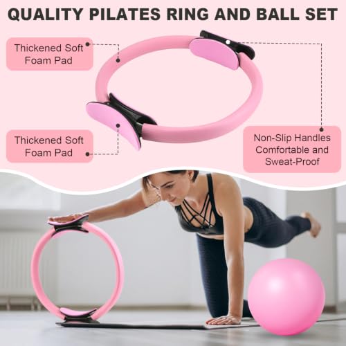Pilates Kit-14PCS Pilates Equipment Set | home pilates kit includes pilates ring and ball, resistance bands, ankle weights and socks, for strength and flexibility - color: pink