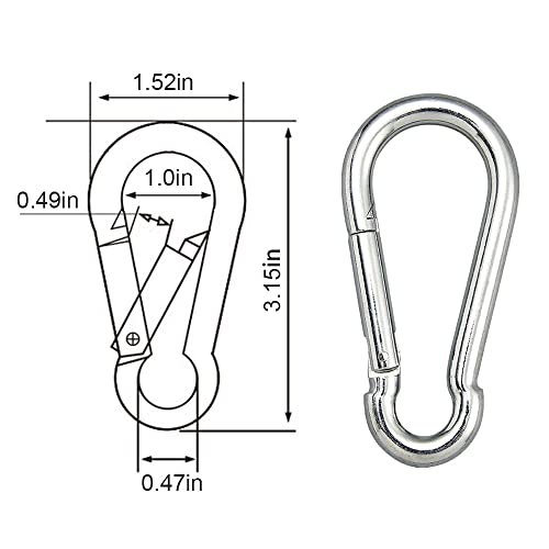 5PCS 3.15" Stainless Steel Carabiner Clip, 600-lb WLL Snap Hook for Gym.