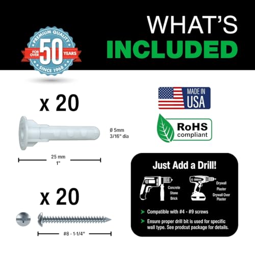 TOGGLER ALLIGATOR AF5 Flanged Anchor with Screws, Polypropylene, Made in US, For #4 to #9 Fastener Sizes (Pack of 20) - size: 20 Pack w/ Screws