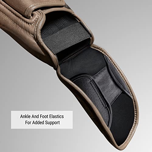 Hayabusa T3 LX Leather Striking Shinguards | Slip-On Design, Padded Knuckle Protection, Hook and Loop Closure, Muay Thai Kickboxing, Men and Women, Sparring - color: Brown, size: Medium