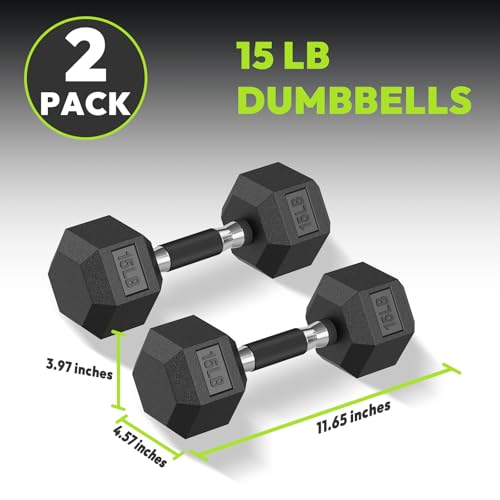 HANDBODE Rubber Encased Hex Dumbbell Pair, 2.5-65 lb | Non-Slip Handle Design for Secure & Comfortable Grip, Hand Weights for Strength Training, Fitness & Home Gym - size: 15 lb, Pair, style: Comfort Grip