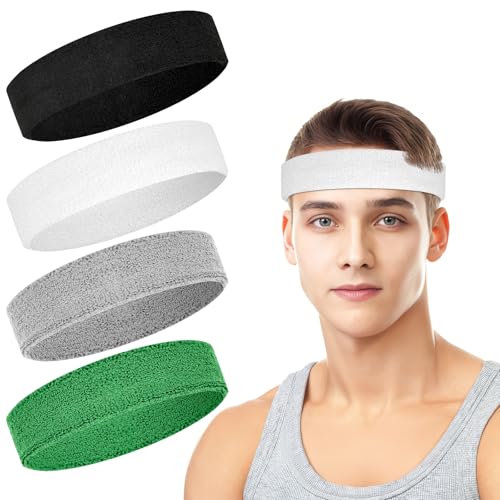 4 Pack Cotton Terry Sweat Headbands for Men Women Running Gym | 4 pack soft cotton terry headbands, Stretch 7 to 15 inches, Sweat-wicking, stays put for running, tennis, basketball & yoga - color: Black/Gray/Green/White