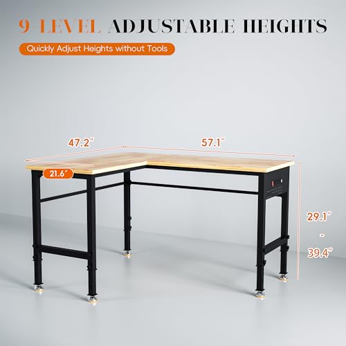 Betterhood Adjustable L-Shaped Workbench, Rubber Wood Top Heavy Duty Workstation with Power Outlets, 2000 LBS Load Capacity Hardwood Worktable for Workshop, Garage, Office, Home, Commercial - size: L Shape/Rubber Pad/Power Outlets/Ruler/57.1"x47.2"