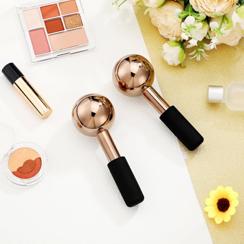 Baderke 2 Pcs Ice Globes for Face Stainless Steel Cooling Globes Unbreakable Cooling Roller Women Ice Balls Cryo Sticks Facials Skin Care for Dark Circles, Puffiness(Rose Gold (Black Handle)) - color: Rose Gold (Black Handle)