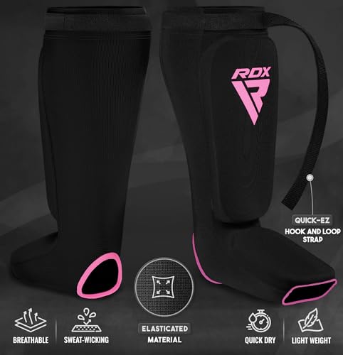 RDX Shin Guards Kickboxing Muay Thai, SATRA Approved, MMA Leg Instep Protection Pads, Sparring Training Martial Arts Boxing, Elasticated Padded Protector, Karate BJJ Taekwondo Gear, Men Women - color: Black Pink, size: Medium