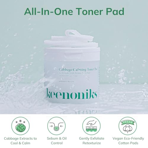 keenoniks Cooling & Pore Care Toner Pads – Redness Relief + Gentle Peeling with Cabbage Extract & PHA – Korean Skincare - 70 Pads (5.07 oz) - color: Green