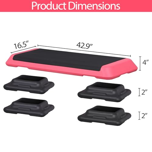 F2C 43 inch Aerobic Exercise Step Platform Adjustable Height Stepper Exercise Workout Step Bench with 4 Risers 4" - 6" - 8" Large Fitness Exercise Stair Step for Home Gym Fitness Training - color: Rose Pink