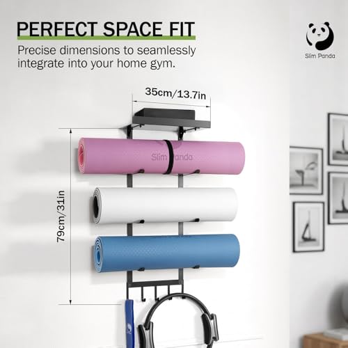 Slim Panda Yoga Mat Holder Wall Mount with Mesh Bag, 4-Tier Metal Storage Rack with Floating Shelf & 5 Hooks, Large Home Gym Organizer for Foam Rollers, Resistance Bands & Yoga Accessories