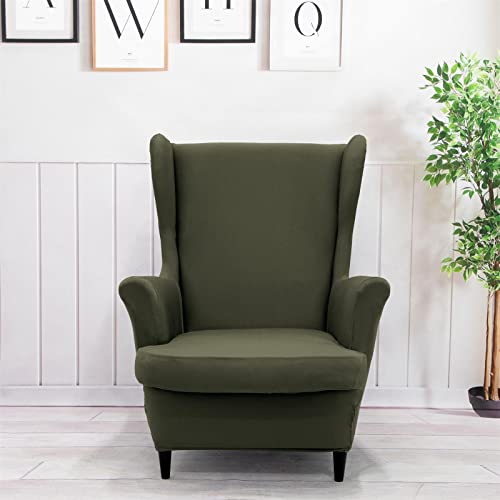 NILUOH Wingback Chair Cover 2-Piece Soft Stretch Wing Chair Slipcover Solid Color Armchair Sofa Couch Cover Furniture Protector with Elastic Bottom for Living Room Bedroom (Gray-Green) - color: Gray-green