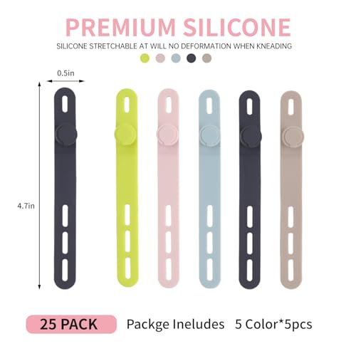 Oligei 25 Pcs Silicone Cable Ties, Cable Ties Reusable, High Elasticity Cord Wraps for Electrical Cords, Cord Organizer for Earphone, Phone Charger(Colorful) - color: 25p∣colorful