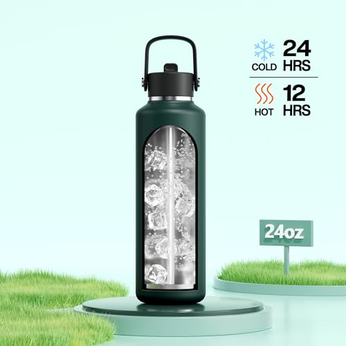 POWCAN 24 oz Water Bottle Insulated: BPA-Free, Leakproof Lid with Straw, Lightweight, Flex Cap, Stainless Steel Water Bottle for Sport, Hikig, Office, Commute, Worker, Walking, Cycling (Fir Green) - color: Fir Green, size: 24 Ounces