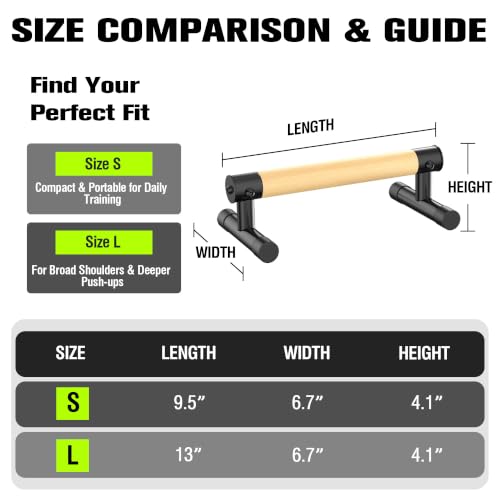 GanFindX Wooden Push Up Bars 9.5/13" 500LB Parallettes for Training | Natural Wood Grip, Black Anti-Slip Steel Base, Heavy Duty Parallettes for Push Ups, L-Sits, Gymnastics & Calisthenics Workout - size: 9.5"