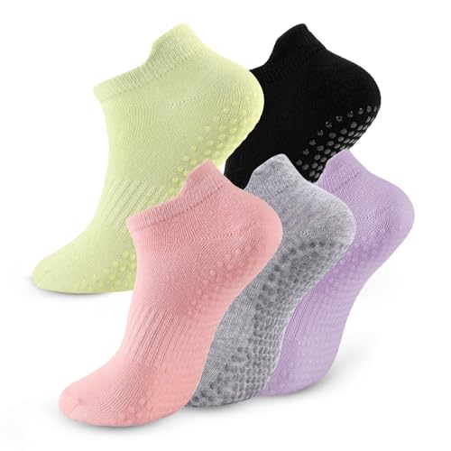 5 Pairs Pilates Socks with Grips for Women Non Slip Grip Yoga Crew Socks for Barre Hospital Barefoot - color: A - Black Gray Pink Green Purple