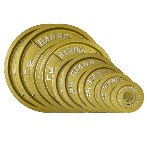 Gold Finish Olympic Steel Plates - Pairs and Sets 2 Inch Barbell Standard in Premium Gold for Weight Lifting - color: 245lb Set