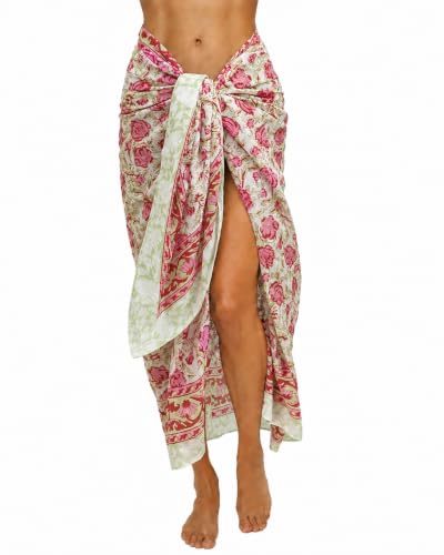 100% Cotton Hand Block Print Pareo Sarong Swimsuit Wrap Skirt Cover Up Long Women’s Apparel Fabric Beach Bikni (73" x 44") - color: Red 2