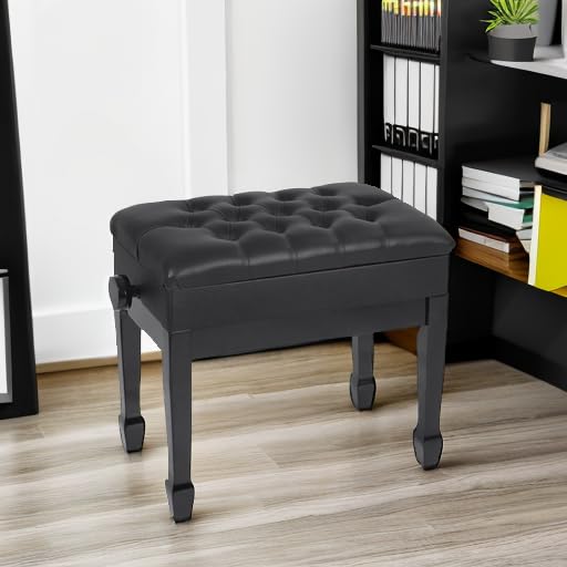 Adjustable Height Piano Bench with Storage, Heavy Duty Wooden Piano Stool Keyboard Bench with PU Leather Cushion, Black - color: Black Matte