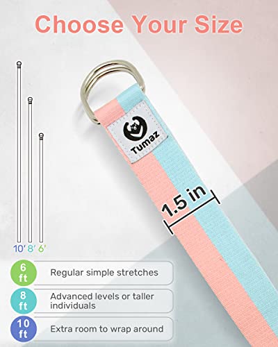 Tumaz Yoga Strap for Stretching with Adjustable D-Ring, 6/8/10 ft | Adjustable D-Ring | Soft Cotton Blend | 15+ Colors | Non-Elastic Yoga Belt for Pilates Stretching & Physical Therapy - color: 01. Candy, size: 6 Feet