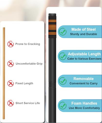Queension 5ft Adjustable Yoga Stick Made of Sturdy Alloy Steel, Stretching & Mobility Stick with Non-Slip Foam-Sleeveds, Exercise Fitness Pole for Balance & Pilates - color: Black