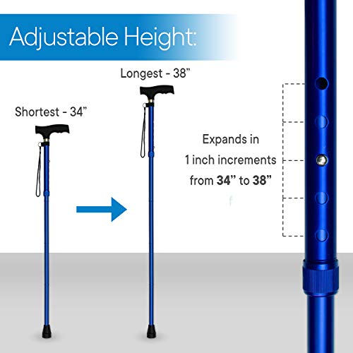 RMS Folding Cane - Foldable Walking Cane with Adjustable Height - Collapsible and Lightweight - Soft Ergonomic Handle for Comfortable Grip - Portable Walking Stick for Mobility Aid - color: Blue
