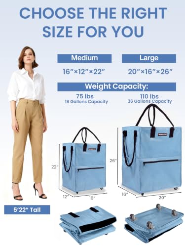 WORKPRO Medium Rolling Grocery Bag, 18-Gallon Tote with 4 Wheels, 75 lbs Capacity, Dual Carry, Wide Zipper & Extra Storage for Shopping, Laundry & Moving - color: Dusty Blue, size: Medium