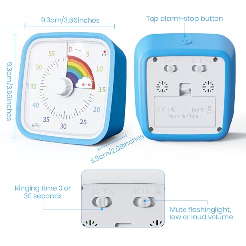 Yunbaoit Rainbow Visual Timer for Kids, 60-min Countdown Timer, Blue | Protective Case, No Ticking, Mute and Ringing Alarm Available, Time Management Tool, Low Power Reminder, for Study,Game,Work - color: Blue Rainbow