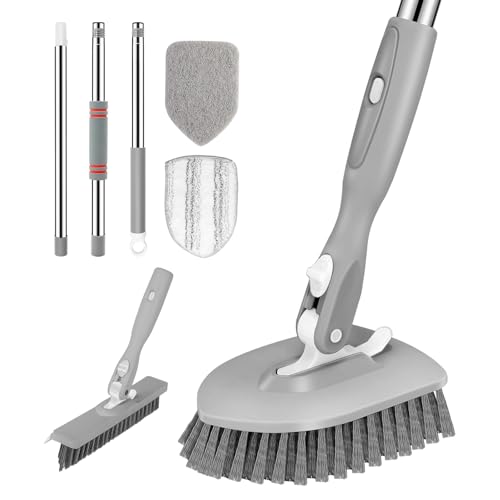 SetSail 4-in-1 Tile Tub Floor Scrubber with 52-inch Long Adjustable Handle Shower Cleaner Brush with V-Shaped Grout Brush and 3 Replacement Brush Heads for Bathroom Kitchen Sink Walls Tub Tile, Grey - color: Gray, size: 2 Pads + V-Shaped Brush