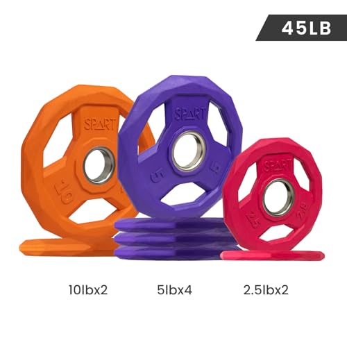 SPART Color Coded Weight Plate 2-Inch Rubber Coated Olympic Grip Plate for Barbell, Solid Cast Iron Weight Plates for Strength Training, Weightlifting, Crossfit, Home Gym, 2.5LB/5LB/10LB/25LB/35LB/45LB, Pair - color: 45LB SET