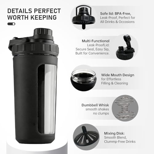 26oz Glass Protein Shaker Bottle, Stainless Steel Mixing Ball & Silicone Sleeve, Odorless, Leak-Proof, BPA-Free, Ideal for Smoothies & Workout Drinks (Graphite Black) - color: Graphite Black
