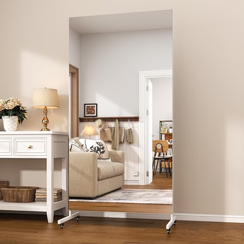 Hasipu 65" x 22" Large Full Length Rolling Mirror with Wheels, White | Tempered glass, sturdy metal frame, smooth rolling casters, removable stand, ideal for gym, dance studio, bedroom & yoga. - color: White, size: 65"L x 22"W
