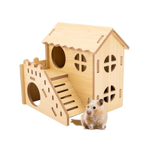 Natural Wood Hamster Habitat Hideout Cage Accessories, Maze Cabin with Fun Slide & Double-Decker House, Exercise Toys for Dwarf Hamsters, Gerbils, Mice, Other Small Animals(Only for Small Hamster E)