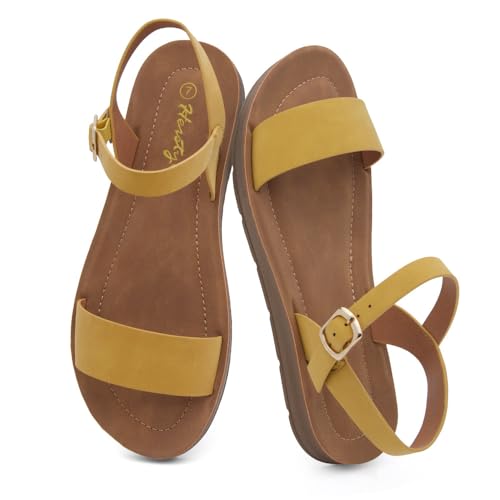 Herstyle Flat Sandals for Women – Open Toe 1 Band Ankle Strap Summer Dressy Sandals, Lightweight Casual Strappy Slip-On Flats with Adjustable Buckle - color: Mustard, size: 5