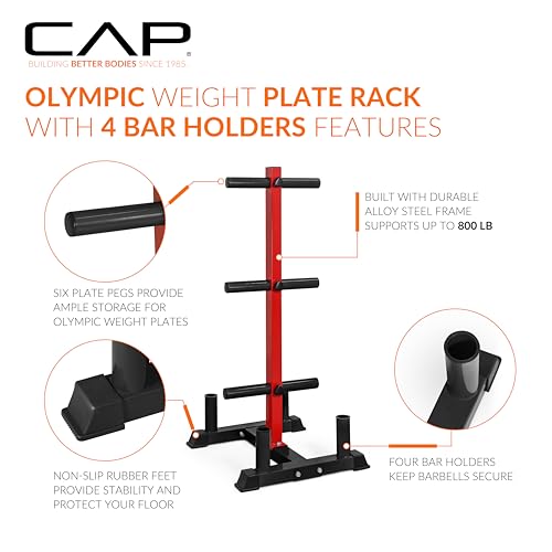 CAP Barbell Olympic Bumper Plate Tree Rack with Weight Plate Posts and Barbell Storage Holders – Multiple Options – Heavy-Duty Steel Gym Organizer for Olympic Plates and Bars